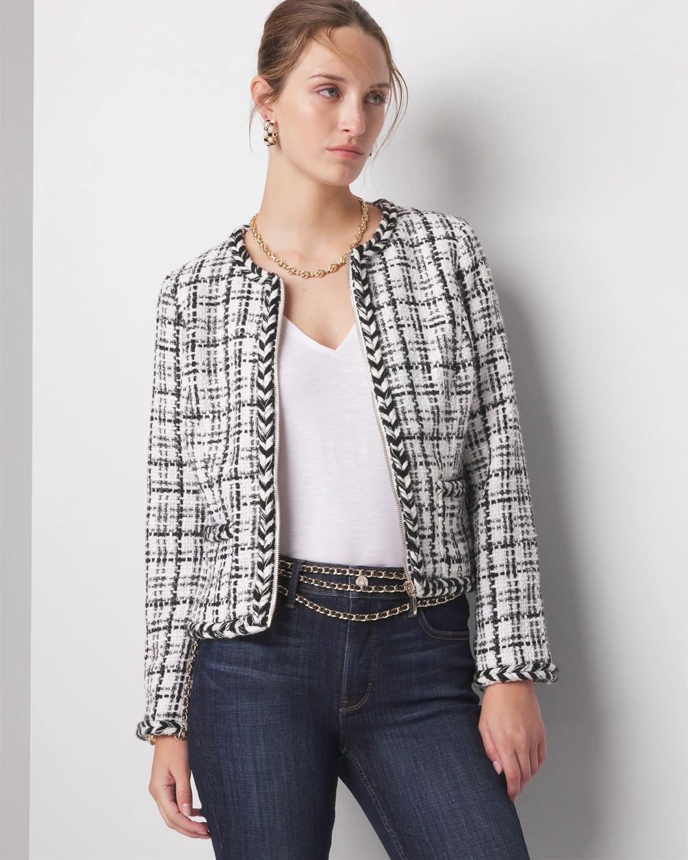 Women s Petite Braided Trim Tweed Jacket in White Size 0 White House Black Market